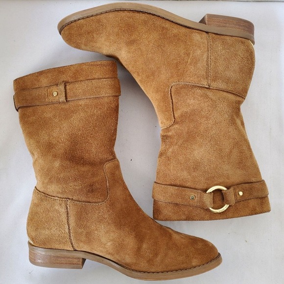 Michael Kors Logo Plate Rhea Brown Suede Boots Mid Calf Pull On Womens 5.5M US - Picture 14 of 14
